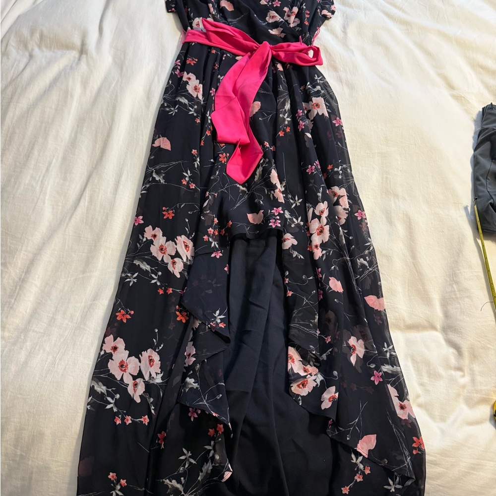Eliza J Navy Blue Floral Dress with Pink Sash